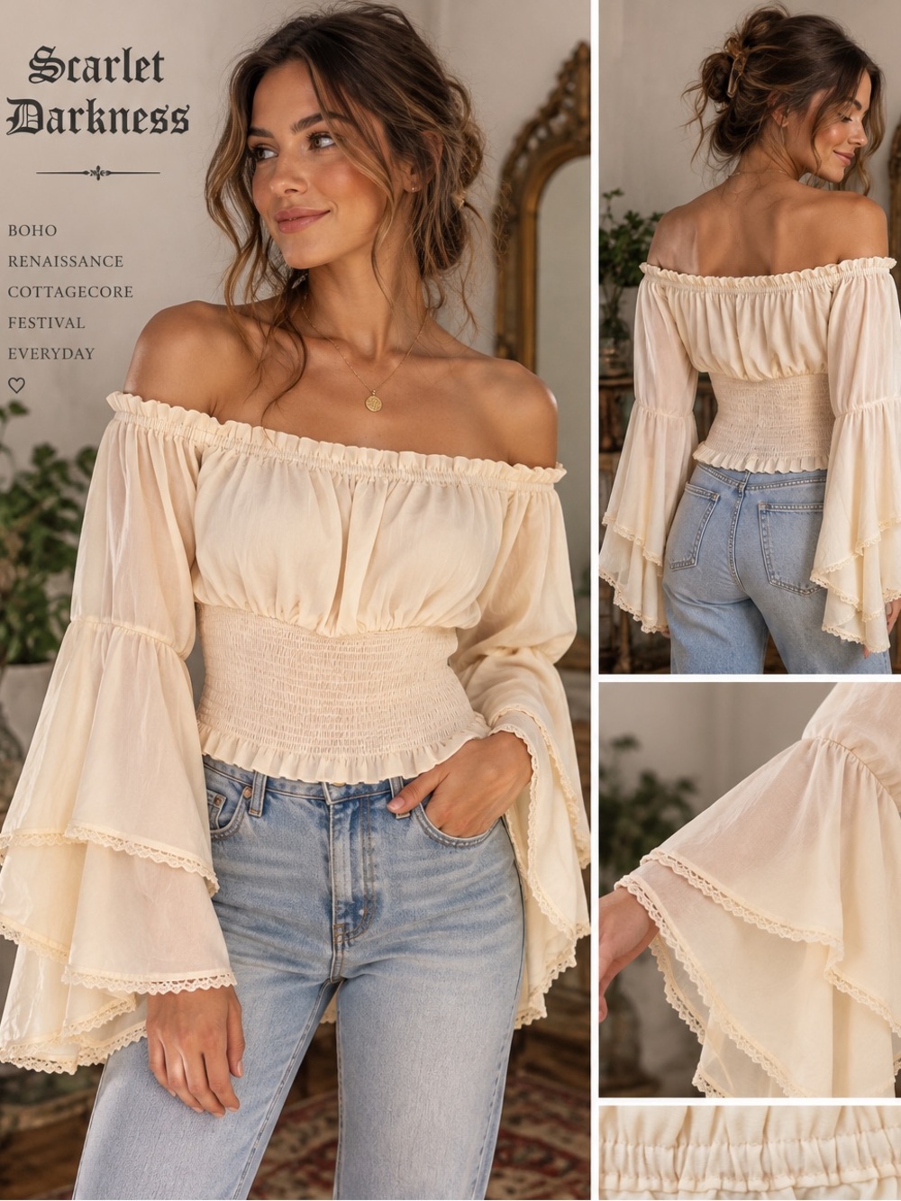 Scarlet Darkness M Cream Renaissance Boho Off Shoulder Bell Sleeve Top NWOT